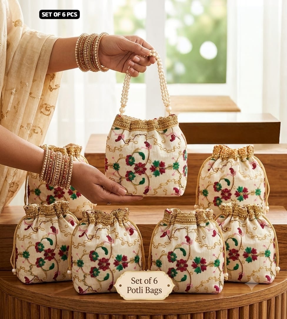 Set of six ivory potli bags with floral embroidery, gold crowns and pearl-bead handles arranged on a wooden table, one held up by hand.